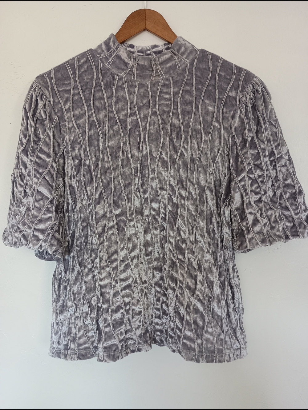 Calligraphie Crushed Velvet Mock-Neck Top in Light Gray Lavender Anthro
